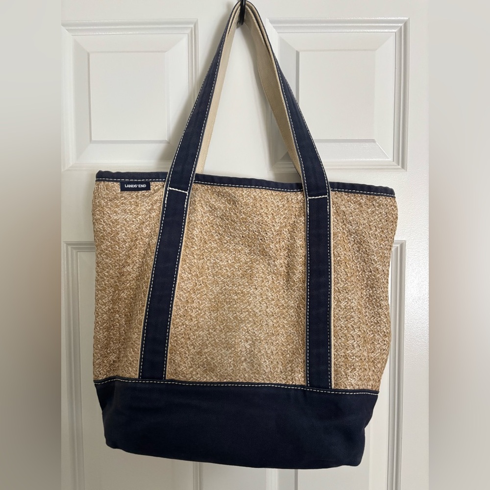 Lands' End Canvas Straw Tote Bag in Natural with Blue Handles